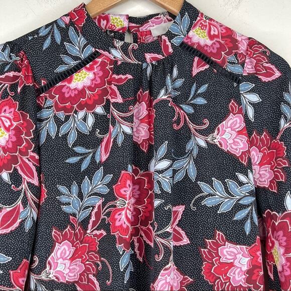 Loft Blouse XS NEW black red floral dotted high neck bell sleeve tropical beach - Picture 2 of 9